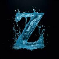 Letter Z made of water. Font with splashes and drops of blue liquid. Typographic symbol with jet and splash. Marine concept of freshness, fluidity and the sea. AI Generated photo