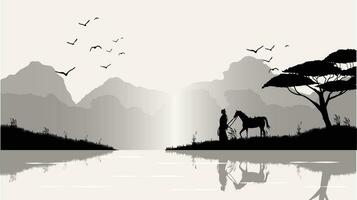 people bring horses to the edge of the river wallpaper 4K desktop. cool night vibe and full moon. landscape view Chinese ink style illustration vector background.