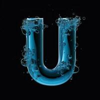 Letter U made of water. Font with splashes and drops of blue liquid. Typographic symbol with jet and splash. Marine concept of freshness, fluidity and the sea. AI Generated photo