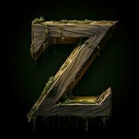 Wooden letter Z. Wood font made of sticks, bark and wood. Forest typographic symbol. Concept of nature, ecology, loft. AI Generated photo