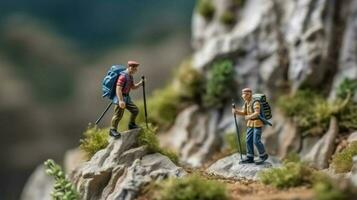 miniatura turista en montañas. juguete hombre viajes y caminatas. diorama descanso y vacaciones. pequeño caracteres en naturaleza creado con generativo ai tecnología foto