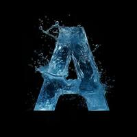 Letter A made of water. Font with splashes and drops of blue liquid. Typographic symbol with jet and splash. Marine concept of freshness, fluidity and the sea. AI Generated photo