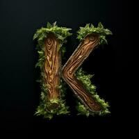 Wooden letter K. Wood font made of sticks, bark and wood. Forest typographic symbol. Concept of nature, ecology, loft. AI Generated photo