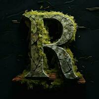 Roca letra R. símbolo de alfabeto hecho de fuerte sólido granito, rocas y escombros. tipográfico fuente generado por ai foto