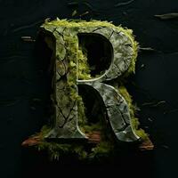 Stone letter R. Symbol of alphabet made of strong solid granite, rocks and debris. Typographic font generated by AI photo