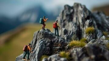 Miniature tourist in mountains. Toy man travels and hikes. Diorama Rest and vacation. Small characters in nature created with Generative AI Technology photo