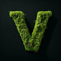 Letter V with moss. Large soft forest font. Green typographic symbol made of leaves. Concept of comfort, nature and ecology. AI Generated photo