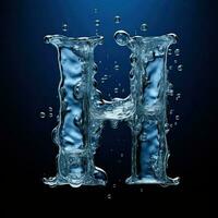 Letter H made of water. Font with splashes and drops of blue liquid. Typographic symbol with jet and splash. Marine concept of freshness, fluidity and the sea. AI Generated photo