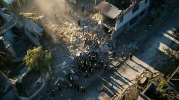 rescate trabajo a terremoto sitio. restos de ciudad, arruinado casa. desastre y natural desastre. ai generado. rescatadores desmantelar el escombros foto