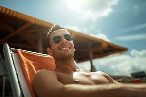 male tourist sunbathing on sunbed at sea during daytime with Generative AI photo