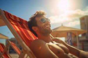 male tourist sunbathing on sunbed at sea during daytime with Generative AI photo