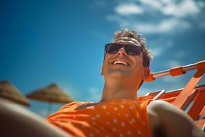 male tourist sunbathing on sunbed at sea during daytime with Generative AI photo