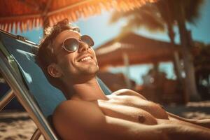 male tourist sunbathing on sunbed at sea during daytime with Generative AI photo