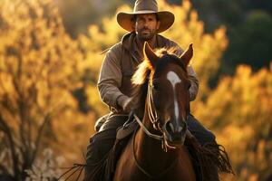 un masculino granjero es montando un caballo en el bosque en el tiempo de día con generativo ai foto