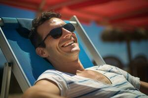 male tourist sunbathing on sunbed at sea during daytime with Generative AI photo