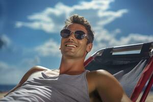 male tourist sunbathing on sunbed at sea during daytime with Generative AI photo