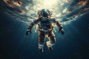 astronauta es flotante en espacio en un bokeh estilo antecedentes con generativo ai foto