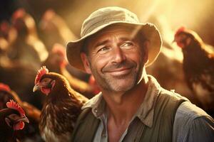 male farmer on chicken farm in the daytime with Generative AI photo