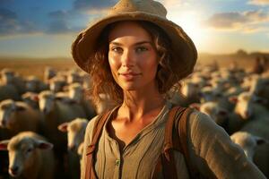 Female farmer on sheep farm in the daytime with Generative AI photo