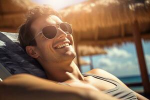 male tourist sunbathing on sunbed at sea during daytime with Generative AI photo