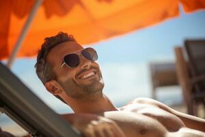 male tourist sunbathing on sunbed at sea during daytime with Generative AI photo