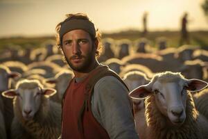 male farmer on sheep farm in the daytime with Generative AI photo