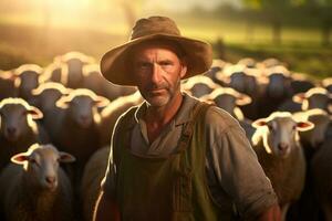 male farmer on sheep farm in the daytime with Generative AI photo