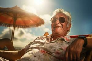 Senior male tourist sunbathing on sunbed at sea during daytime with Generative AI photo
