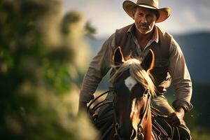 un masculino granjero es montando un caballo en el bosque en el tiempo de día con generativo ai foto