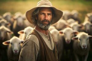 male farmer on sheep farm in the daytime with Generative AI photo