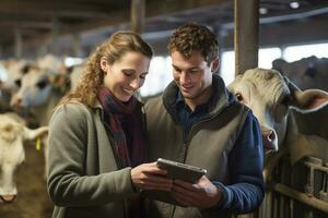 Couple holding a tablet to check production in a cattle farm with Generative AI photo