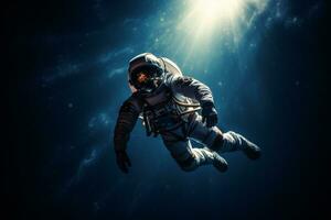 Astronaut is floating in space on a bokeh style background with Generative AI photo