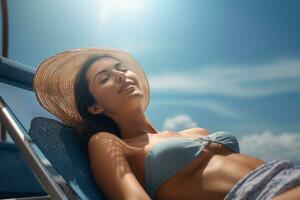 Female tourist sunbathing on sunbed at sea during daytime with Generative AI photo