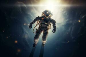 Astronaut is floating in space on a bokeh style background with Generative AI photo