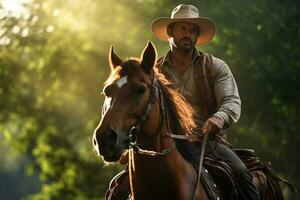 un masculino granjero es montando un caballo en el bosque en el tiempo de día con generativo ai foto