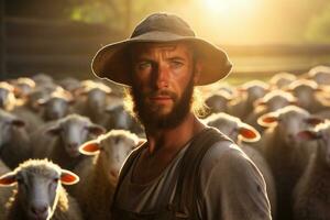 masculino granjero en oveja granja en el tiempo de día con generativo ai foto