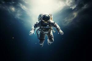 astronauta es flotante en espacio en un bokeh estilo antecedentes con generativo ai foto