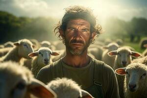 male farmer on sheep farm in the daytime with Generative AI photo