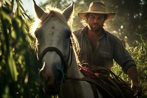 un masculino granjero es montando un caballo en el bosque en el tiempo de día con generativo ai foto