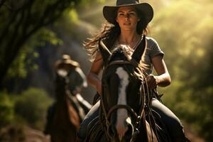 un hembra granjero es montando un caballo en el bosque en el tiempo de día con generativo ai foto