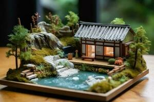 Diorama of Japanese garden. Hot spring, toy holiday home. Miniature of Japanese resort created with Generative AI Technology photo