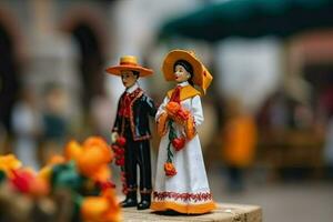 Español o mexicano Boda en miniatura estilo. dos amantes en hermosa Boda vestidos. pequeño juguete marido y esposa. concepto de amar, romance creado con generativo ai tecnología foto