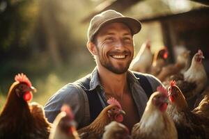 male farmer on chicken farm in the daytime with Generative AI photo