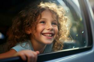 A young girl sits by the car window while driving on a road trip with Generative AI photo