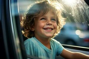 A young boy sits by the car window while driving on a road trip with Generative AI photo