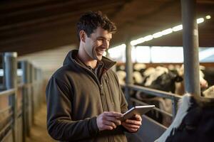 a man holding a tablet to check production in a cattle farm with Generative AI photo