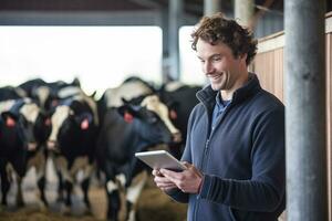 a man holding a tablet to check production in a cattle farm with Generative AI photo