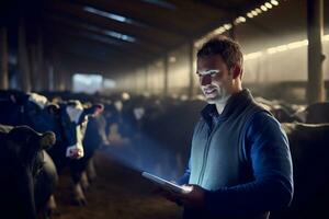 a man holding a tablet to check production in a cattle farm with Generative AI photo