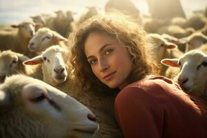 Female farmer on sheep farm in the daytime with Generative AI photo