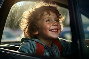 un joven chico se sienta por el coche ventana mientras conducción en un la carretera viaje con generativo ai foto
